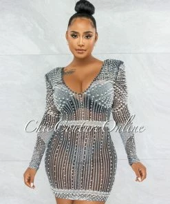 Vendor-unknown JUST IN Rodriga Black Pearl Rhinestones Sheer Mini Dress