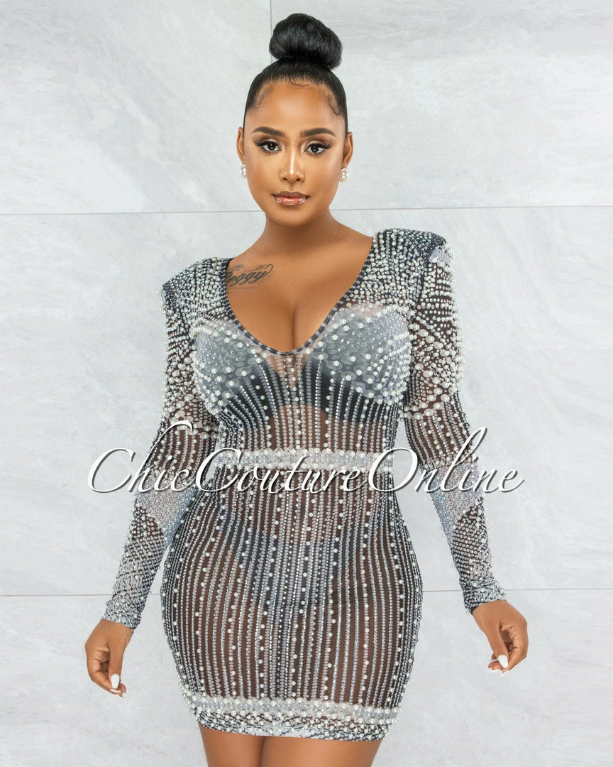 Vendor-unknown JUST IN Rodriga Black Pearl Rhinestones Sheer Mini Dress