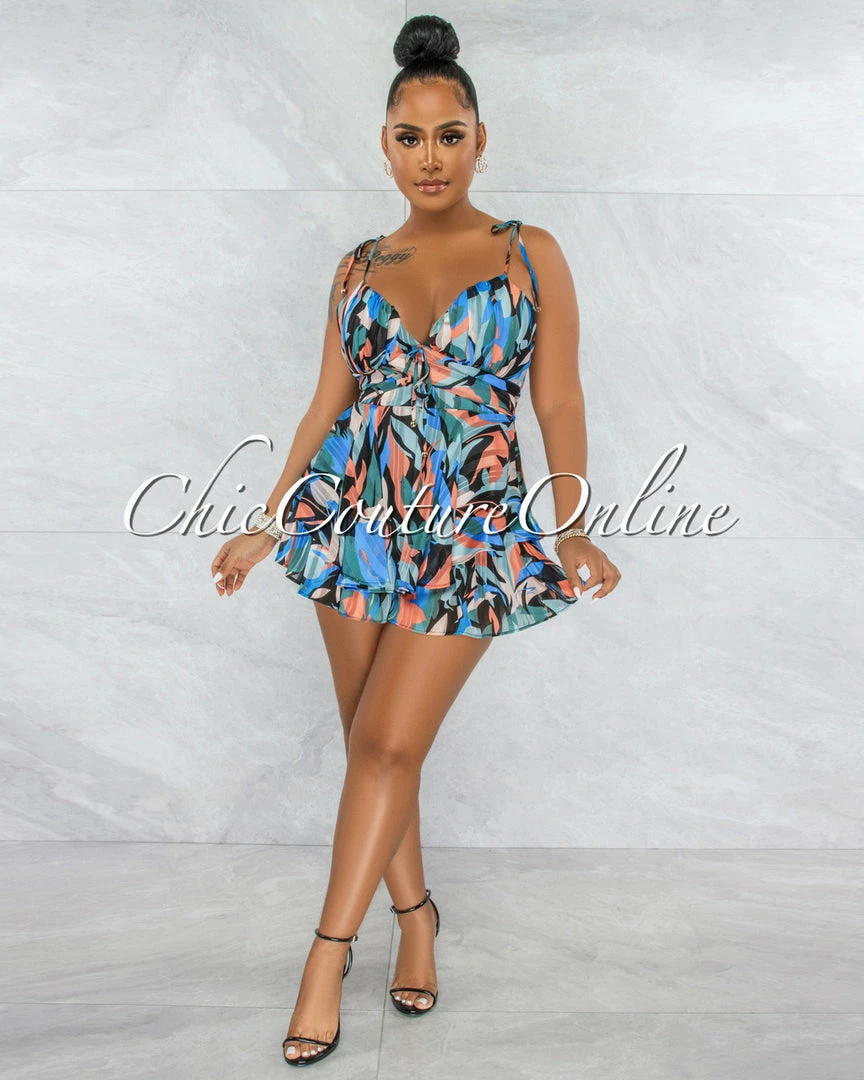Vendor-unknown JUST IN Boyd Black Blue Print Gold Shimmer Ruffle Romper