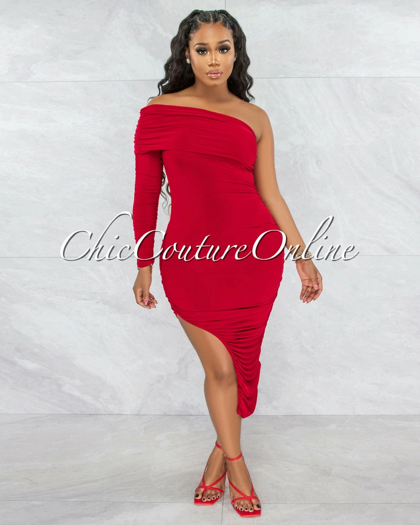 Vendor-unknown JUST IN Brendy Red Ruched Single Long Sleeve Dress