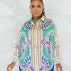 Chic Couture Online Carter Green Print Buttoned Semi-Sheer Blouse
