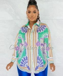 Chic Couture Online Carter Green Print Buttoned Semi-Sheer Blouse