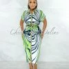 Chic Couture Online Skyler Green Navy Blue Gold Print Buttons Drape Shirt Dress