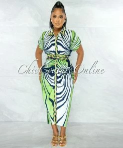 Chic Couture Online Skyler Green Navy Blue Gold Print Buttons Drape Shirt Dress