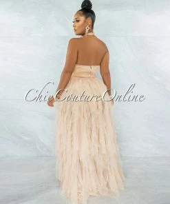 Vendor-unknown Angelica Nude Tulle Halter Ruffle Maxi Dress JUST IN
