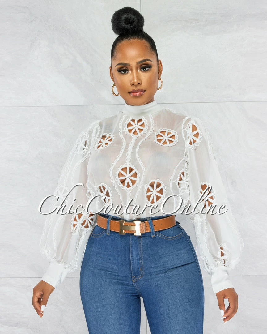 Vendor-unknown Sikina Off-White Sheer Embroidery Bodysuit JUST IN