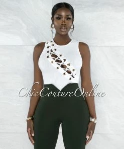 Vendor-unknown JUST IN Fana White Lace-Up Gold Details Ribbed Bodysuit