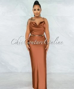 Vendor-unknown JUST IN Crane Brown Gold Link Straps Satin Back Slit Maxi Dress