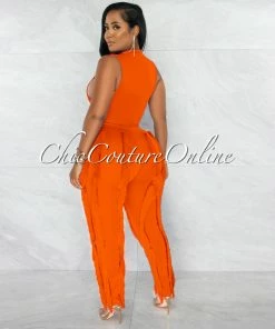 Chic Couture Online JUST IN Janiel Orange Bodysuit & Fringe Pants Set