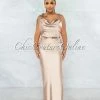 Vendor-unknown Crane Champagne Gold Link Straps Satin Back Slit Maxi Dress