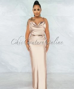 Vendor-unknown Crane Champagne Gold Link Straps Satin Back Slit Maxi Dress