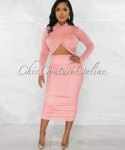 Chic Couture Online JUST IN Gerlie Salmon Crossed Bust Mesh Ruched Midi Dress