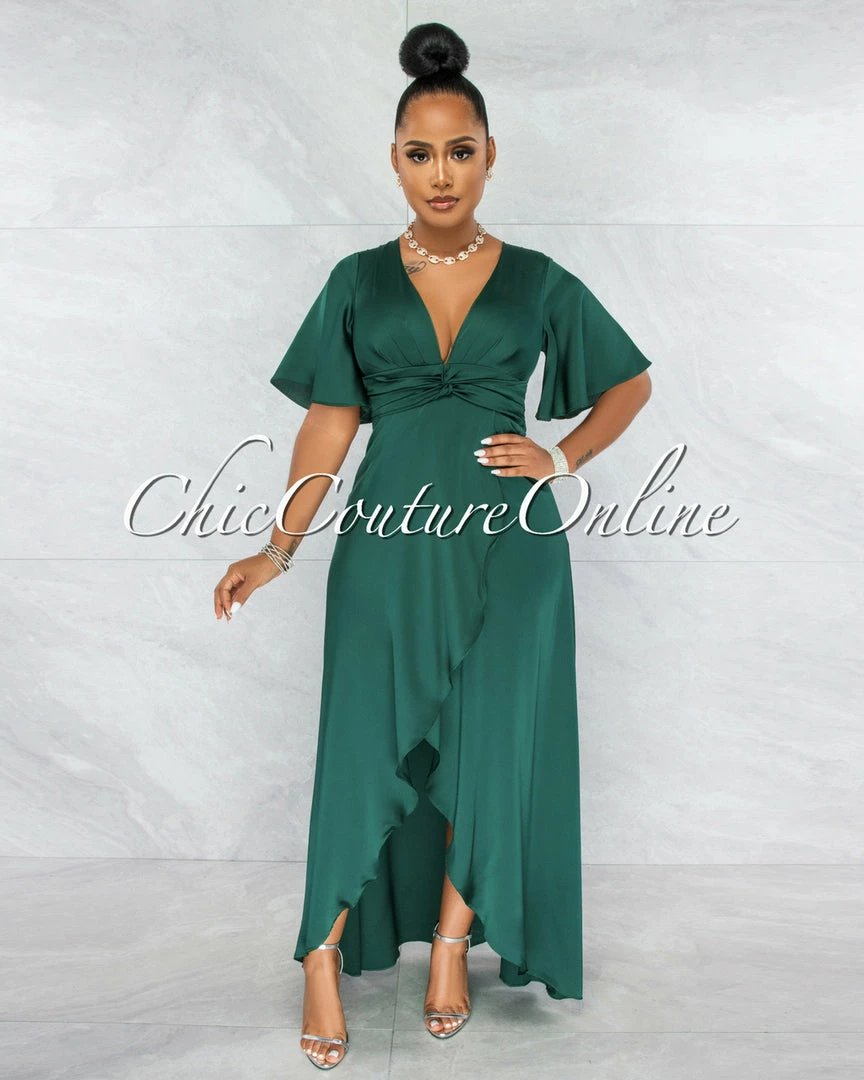 Vendor-unknown JUST IN Jesimiel Hunter Green Drape Dramatic High-Low Slit Dress