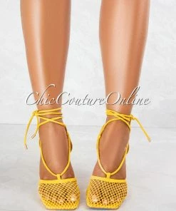 Vendor-unknown JUST IN Loretta Mustard Lace Up Mesh Square Toe Heels