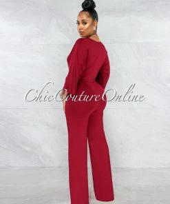 Vendor-unknown Shadone Burgundy Deep V Neckline Front Knot Jumpsuit