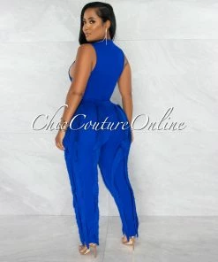 Chic Couture Online Janiel Royal Blue Bodysuit & Fringe Pants Set