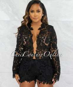 Chic Couture Online JUST IN Carencia Black Crochet Sheer Suit Shorts Set