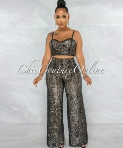 Vendor-unknown Tanith Black Sequins Nude Illusion Fishnet Top & Set JUST IN