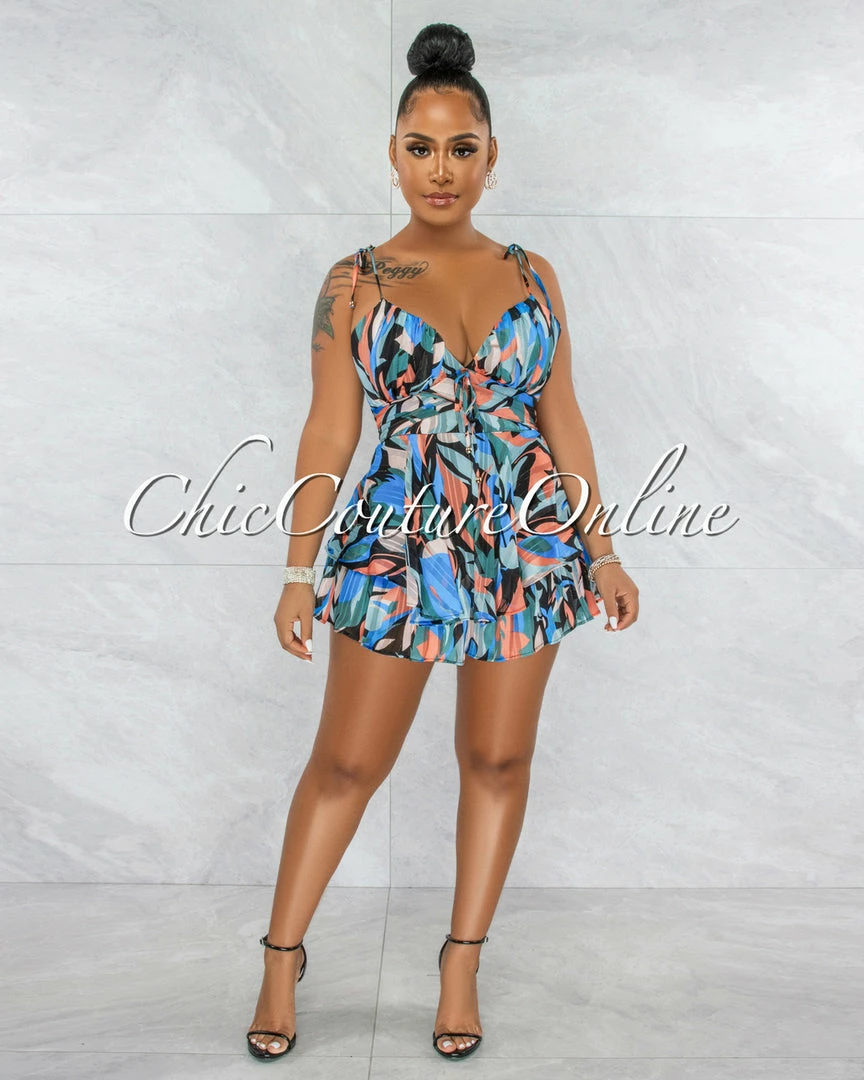 Vendor-unknown JUST IN Boyd Black Blue Print Gold Shimmer Ruffle Romper