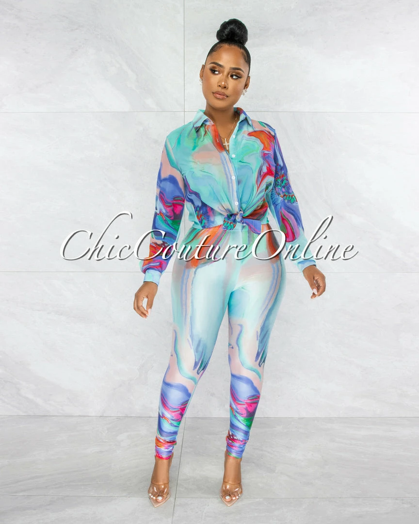 Vendor-unknown JUST IN Untra Jade Blue Print Semi-Sheer Blouse & Leggings Set