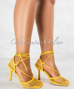 Vendor-unknown JUST IN Loretta Mustard Lace Up Mesh Square Toe Heels