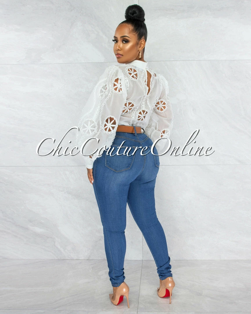 Vendor-unknown Sikina Off-White Sheer Embroidery Bodysuit JUST IN