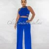 Chic Couture Online Ramona Royal Blue Multi-Way Tie Crop Top & Wide Pants Set