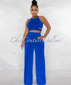 Chic Couture Online Ramona Royal Blue Multi-Way Tie Crop Top & Wide Pants Set