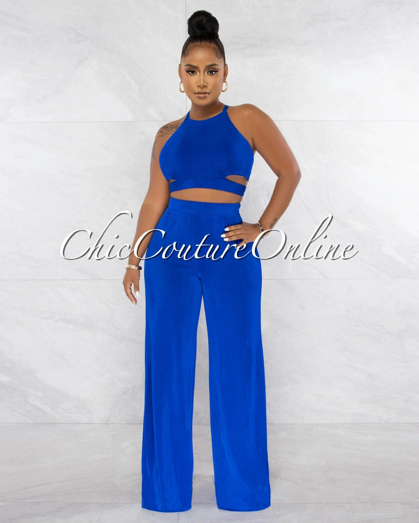 Chic Couture Online Ramona Royal Blue Multi-Way Tie Crop Top & Wide Pants Set