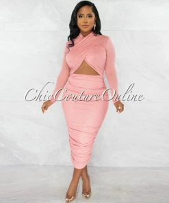 Chic Couture Online JUST IN Gerlie Salmon Crossed Bust Mesh Ruched Midi Dress