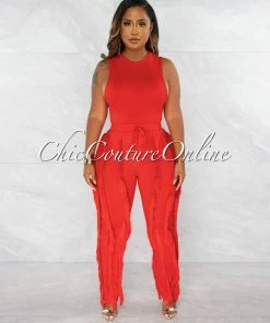 Chic Couture Online Janiel Red Bodysuit & Fringe Pants Set
