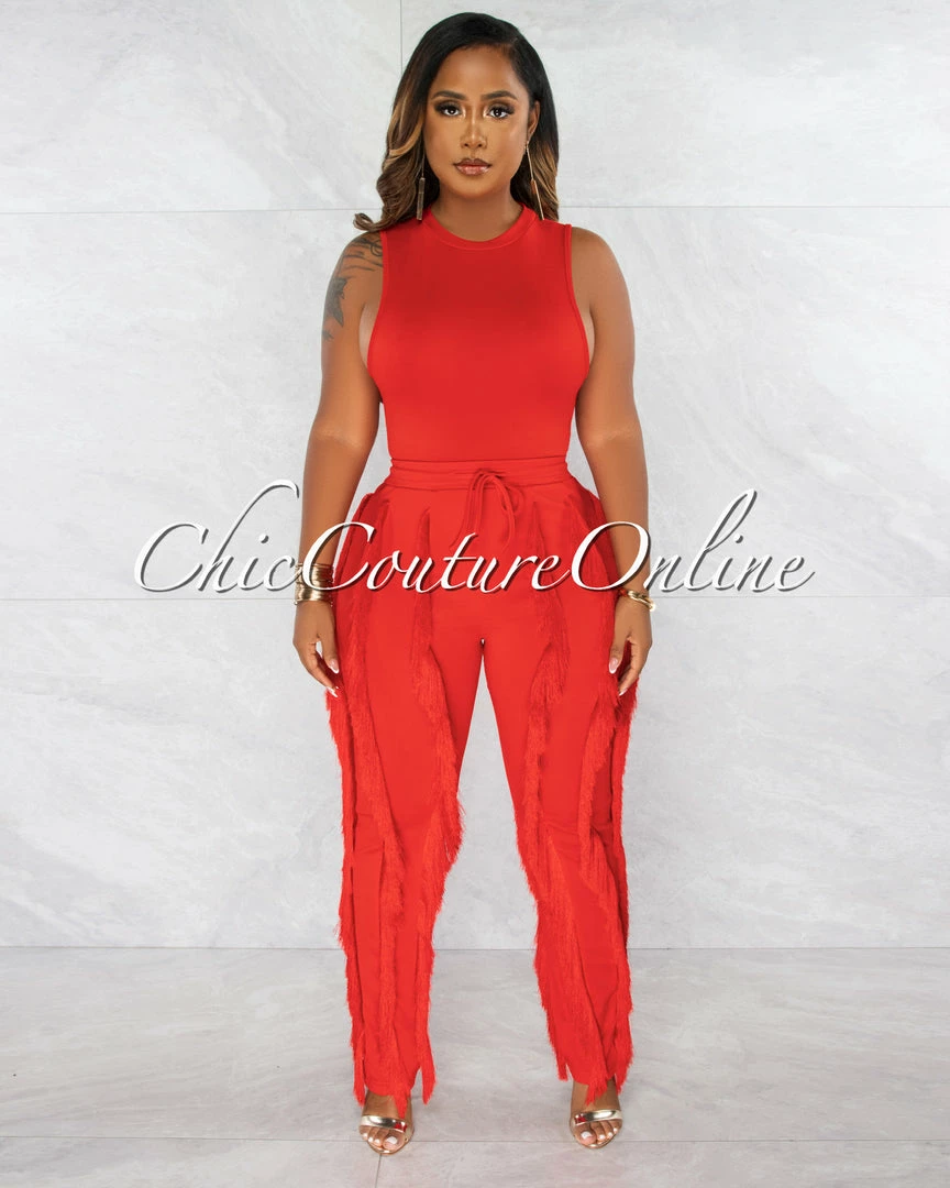 Chic Couture Online Janiel Red Bodysuit & Fringe Pants Set
