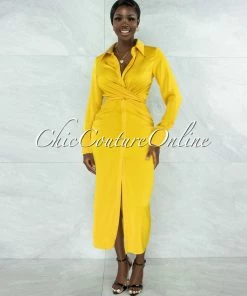 Vendor-unknown JUST IN Josefa Mustard Draped Front Tie Shirt Maxi Satin Dress
