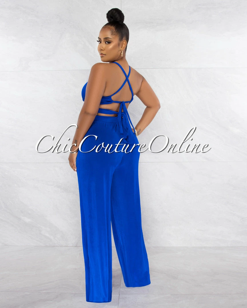 Chic Couture Online Ramona Royal Blue Multi-Way Tie Crop Top & Wide Pants Set