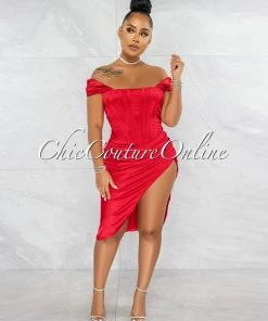Chic Couture Online Suyen Red Satin Drape Corset Midi Dress JUST IN