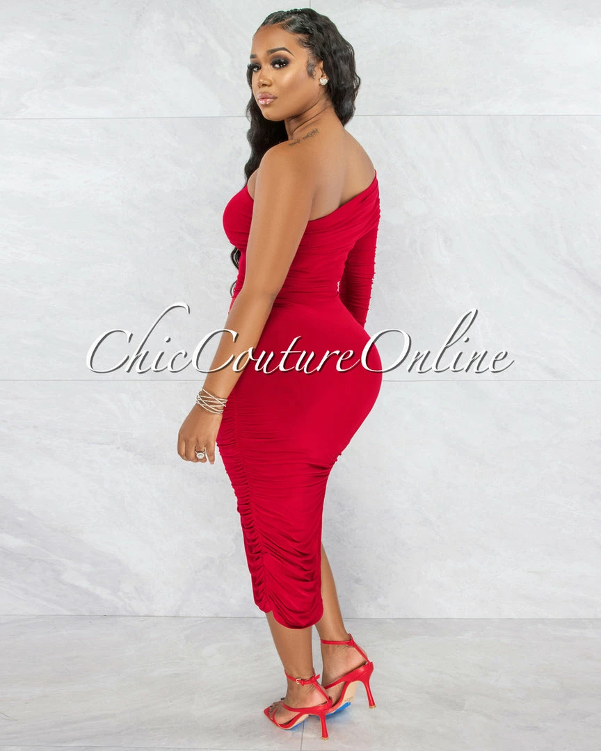 Vendor-unknown JUST IN Brendy Red Ruched Single Long Sleeve Dress
