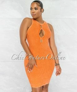 Chic Couture Online Sephora Orange Washed Front Key-Hole Ribbed Dress