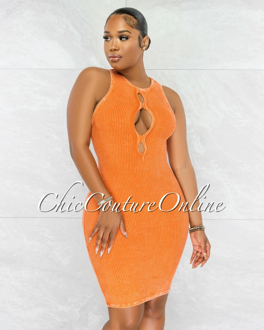 Chic Couture Online Sephora Orange Washed Front Key-Hole Ribbed Dress
