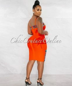 Chic Couture Online Patrina Orange Multi-Color Rhinestones Bandage Dress