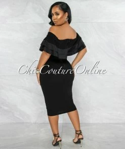 Vendor-unknown Vonita Black Off-The-Shoulder Double Satin Ruffle Dress