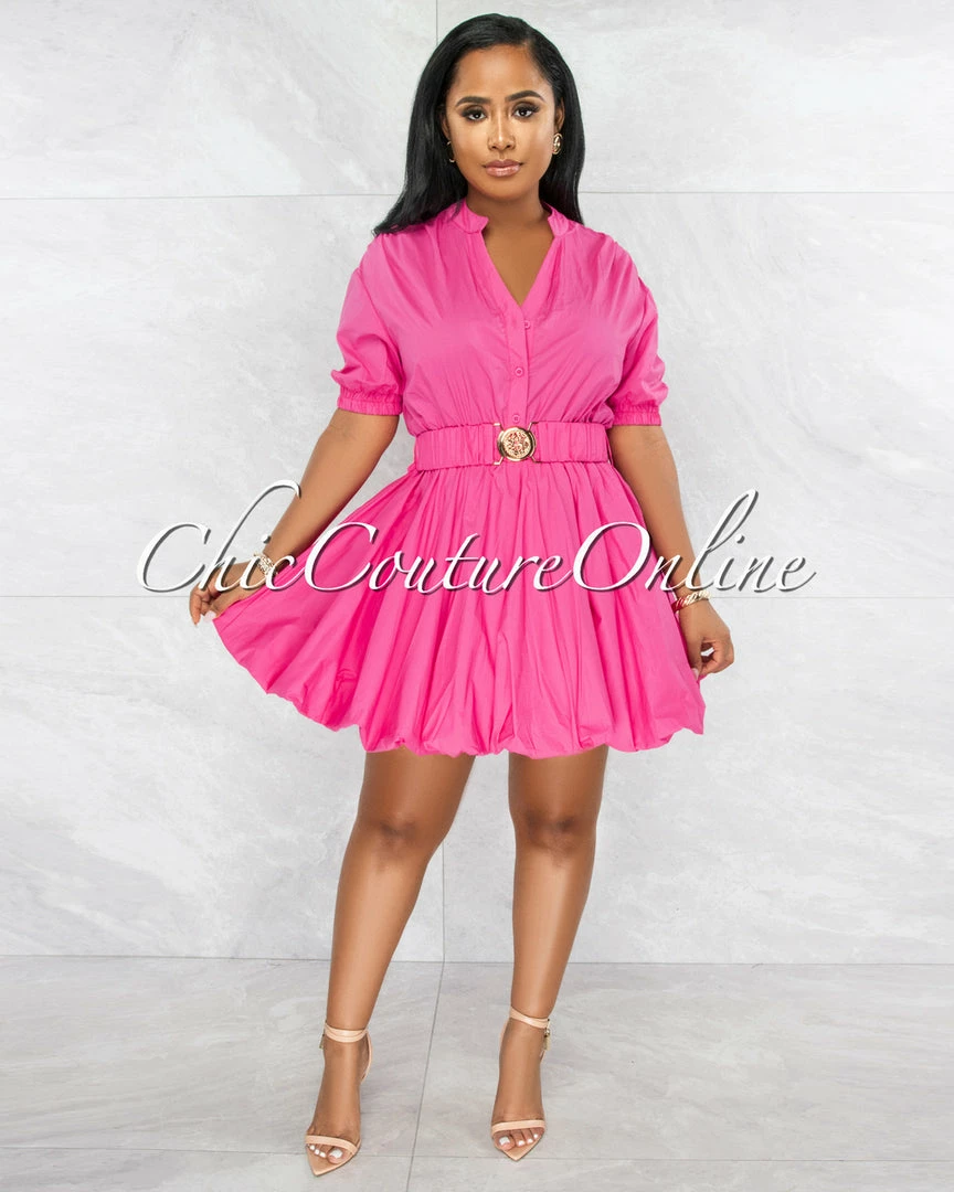Vendor-unknown JUST IN Breanna Fuchsia Gold Buckle Bubble Dress