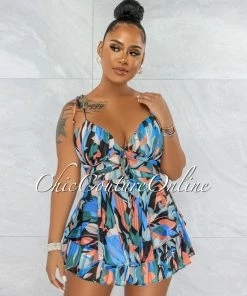 Vendor-unknown JUST IN Boyd Black Blue Print Gold Shimmer Ruffle Romper