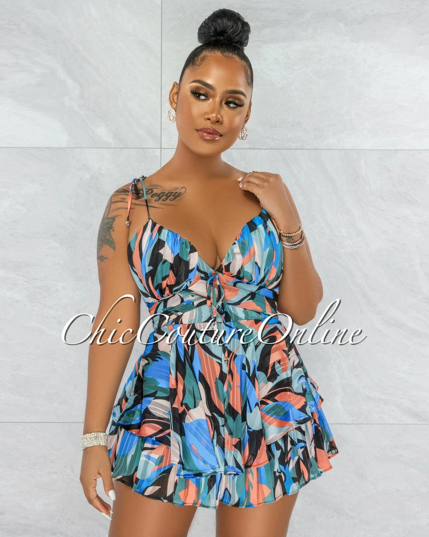 Vendor-unknown JUST IN Boyd Black Blue Print Gold Shimmer Ruffle Romper