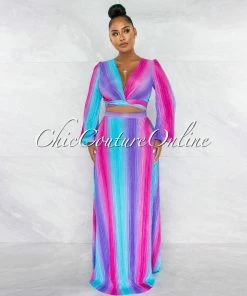 Chic Couture Online Jeneva Purple Turquoise Print Top & Maxi Skirt Ribbed Set
