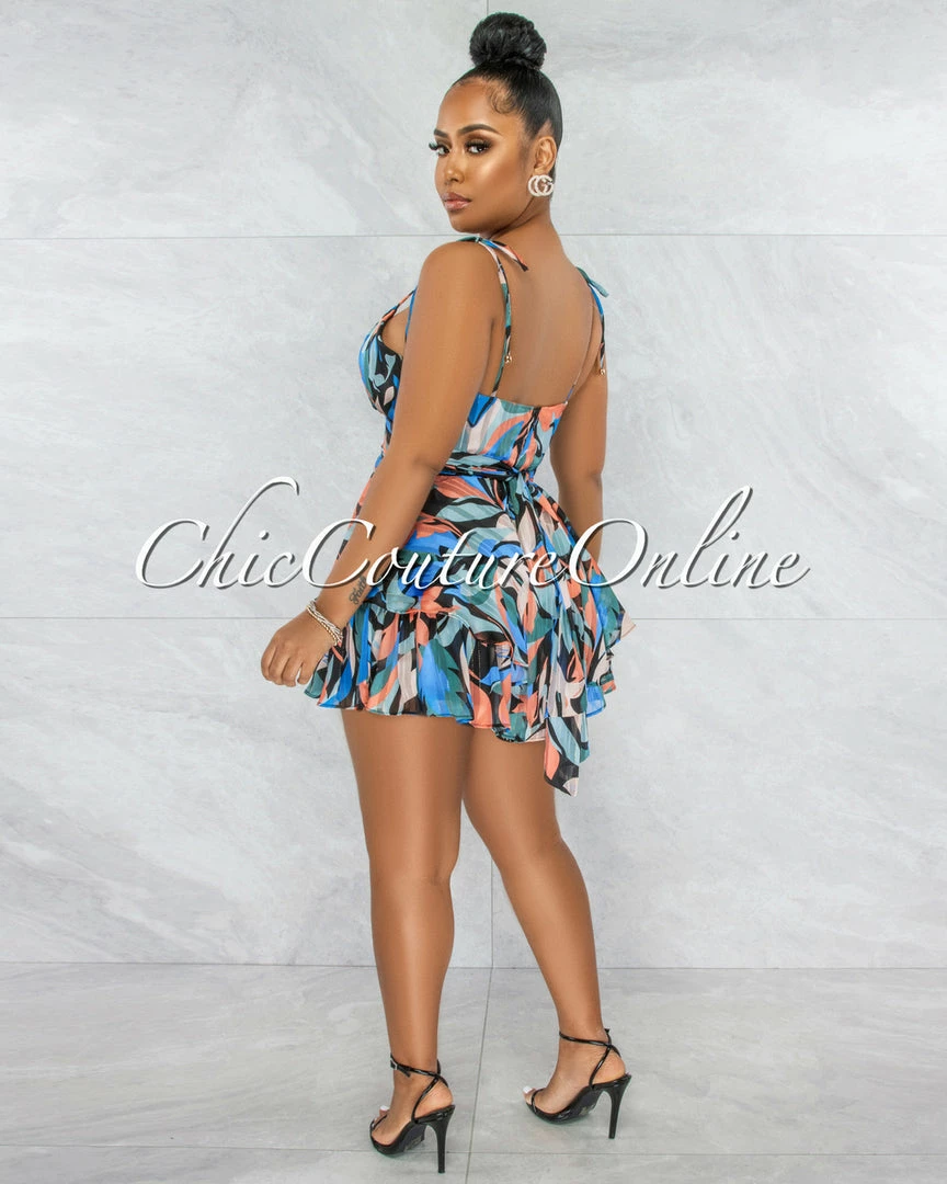 Vendor-unknown JUST IN Boyd Black Blue Print Gold Shimmer Ruffle Romper
