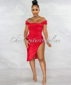 Chic Couture Online Suyen Red Satin Drape Corset Midi Dress JUST IN