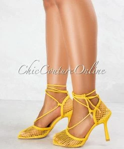 Vendor-unknown JUST IN Loretta Mustard Lace Up Mesh Square Toe Heels