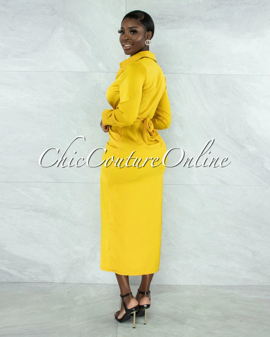 Vendor-unknown JUST IN Josefa Mustard Draped Front Tie Shirt Maxi Satin Dress