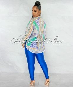 Chic Couture Online Zandrie Royal-Blue High Waist Front Zipper Shimmer Leggings JUST IN