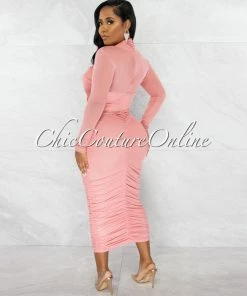 Chic Couture Online JUST IN Gerlie Salmon Crossed Bust Mesh Ruched Midi Dress